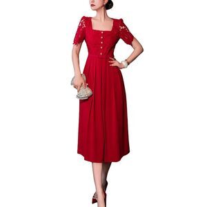 Burryco Womens Red Solid Midi Dress, Red